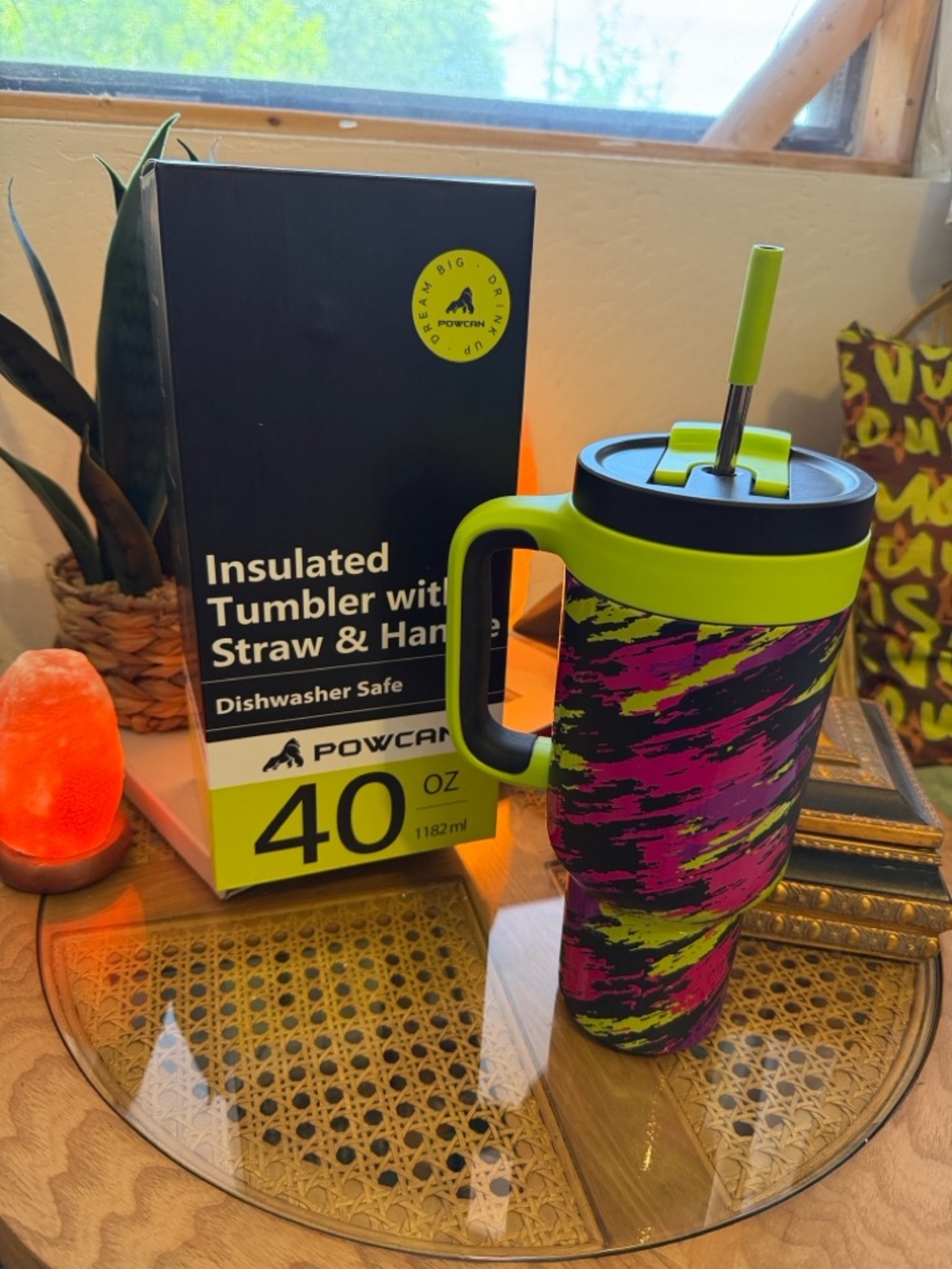 40 oz Insulated Tumbler with Handle in Neon Green & Purple